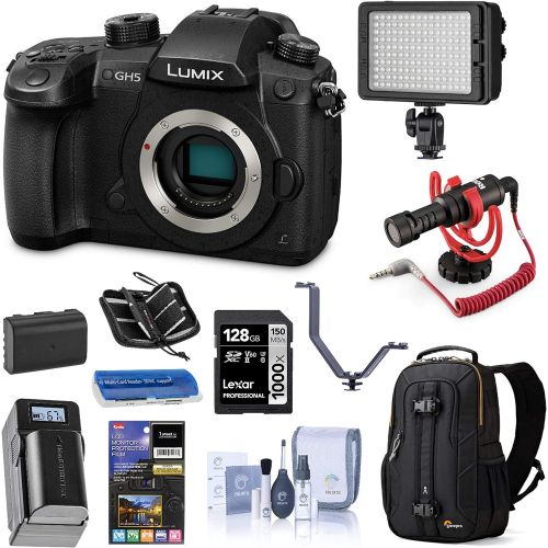 파나소닉 Panasonic LUMIX GH5 4K Mirrorless Digital Camera, 20.3 Megapixel DC-GH5 (Body), Essential Bundle with LED Light, RODE VideoMicro Mic, Backpack, Battery, Charger, 128GB SD Card and