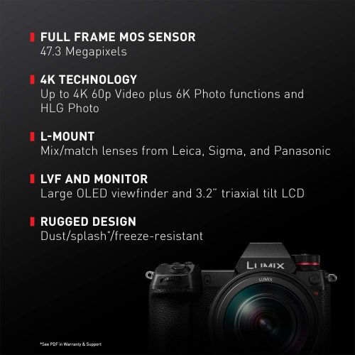 파나소닉 Panasonic LUMIX S1R Full Frame Mirrorless Camera with 47.3MP MOS High Resolution Sensor, 24-105mm F4 L-Mount S Series Lens, 4K HDR Video and 3.2” LCD - DC-S1RMK