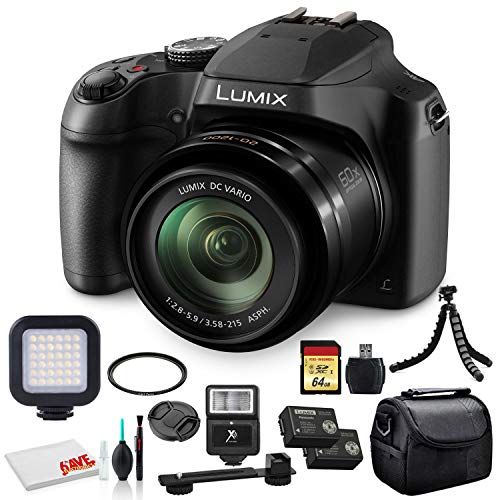 파나소닉 Panasonic Lumix DC-FZ80 Digital Camera (DC-FZ80K) - Bundle - with 64GB Memory Card + LED Video Light + DMW-BMB9 Battery + Digital Flash + Soft Bag + 12 Inch Flexible Tripod + Clean