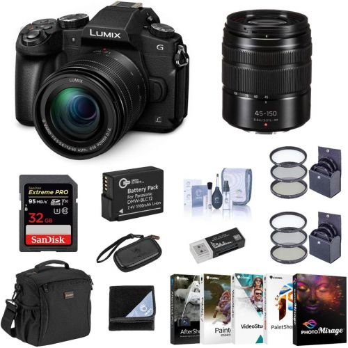 파나소닉 Panasonic Lumix DMC-G85 Mirrorless Camera with 12-60mm f/3.5-5.6 Lumix G Power OIS Lens, Lumix G Vario 45-150mm f/4.0-5.6 ASPH Lens Black - Bundle with Camera Bag, 32GB SDHC Card,