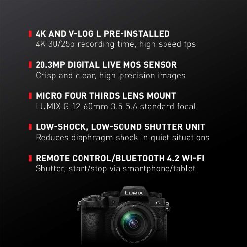 파나소닉 Panasonic LUMIX G95 20.3 Megapixel Mirrorless Camera, 12-60mm F3.5-5.6 Micro Four Thirds Lens, 5-Axis Dual I.S. 2, 4K 24p 30p Video, Pre-Installed V-Log L, 3” Flip-Out Touchscreen