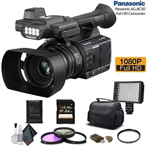 파나소닉 Panasonic AG-AC30 Full HD Camcorder (AG-AC30PJ) with 64GB Memory Card, LED Light, Case, Telephoto Lens, and More - Advanced Bundle