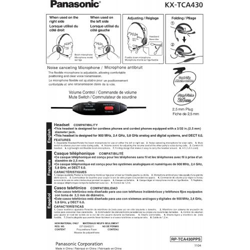 파나소닉 [아마존베스트]Panasonic KX-TCA430 Comfort-Fit, Foldable Headset with Flexible Noise-Cancelling Microphone and Volume Control, Regular, Grey/Silver