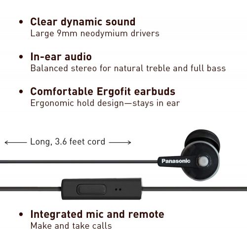 파나소닉 [아마존베스트]Panasonic ErgoFit Earbud Headphones with Microphone and Call Controller Compatible with iPhone, Android and Blackberry - RP-TCM125-K - In-Ear (Black), Earpads S/M/L