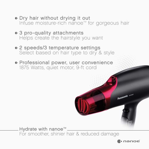 파나소닉 Panasonic EH-NA65-K nanoe Hair Dryer, Professional-Quality with 3 attachments including Quick-Dry Blow Dry Nozzle for Smooth, Shiny Hair