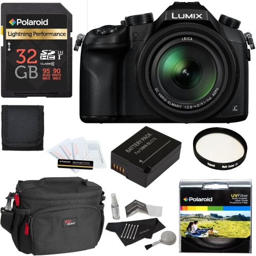 파나소닉 Panasonic Lumix DMC-FZ1000 4K QFHDHD 16X Long Zoom Digital Camera (Black) + Polaroid 32GB+ Battery + Polaroid 62mm UV Filter + Camera Bag + Cleaning Kit + Screen Protector + Walle
