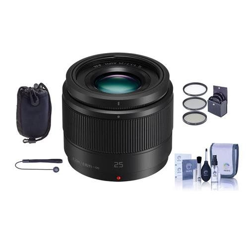 파나소닉 Panasonic 25mm f1.7 Lumix G Aspherical Lens for Micro 43 System - Bundle with Soft Lens Case, 46mm Filter Kit, Cleaning Kit, Capleash II