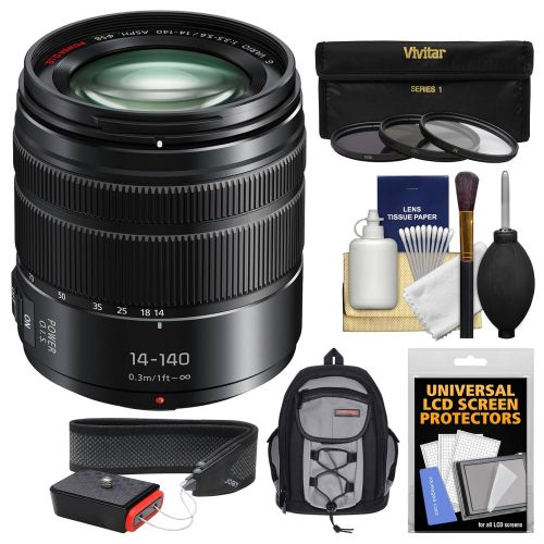 파나소닉 Panasonic Lumix G X Vario 14-140mm f3.5-5.6 ASPH Power OIS Zoom Lens with Case + 3 Filters + Strap + Kit for G7, GF7, GH3, GH4, GM5, GX7, GX8 Cameras