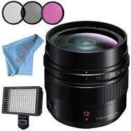 Panasonic Leica DG Summilux 12mm f1.4 ASPH. Lens + 62mm 3 Piece Filter Kit + Professional 160 LED Video Light Studio Series + Fibercloth Bundle