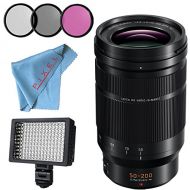 Panasonic Leica DG Vario-Elmarit 50-200mm f2.8-4 ASPH. Power O.I.S. Lens + 67mm 3 Piece Filter Kit + Professional 160 LED Video Light Studio Series + Fibercloth Bundle