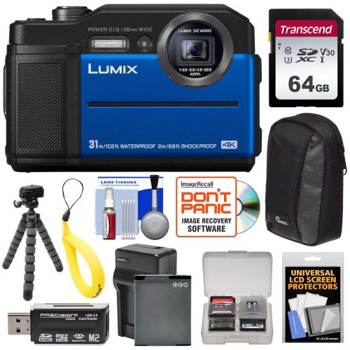 파나소닉 Panasonic Lumix DC-TS7 4K Tough Shock & Waterproof Digital Camera (Blue) with 64GB Card + Battery & Charger + Case + Float Strap + Tripod Kit