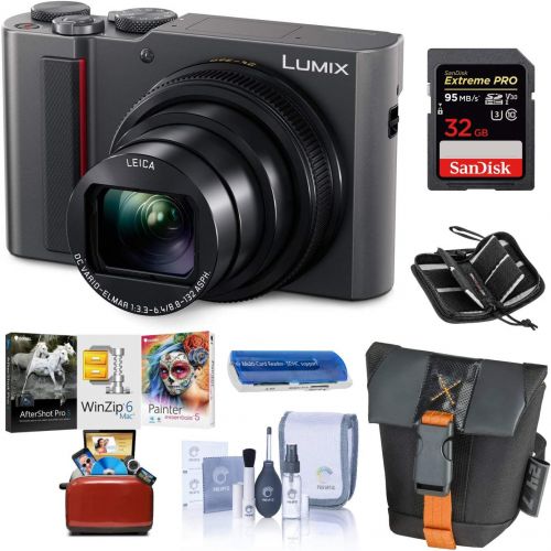 파나소닉 Panasonic Lumix DMC-ZS200 Digital Point & Shoot Camera, Silver - Bundle with 32GB SDHC U3 Card, Camera Case, Cleaning Kit, Memory Wallet, Card Reader, Mac Software Package