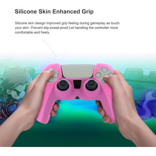  [아마존베스트]Cover for PS5 Controller Grips,Pandaren PS5 Controller Skin for Sony Playstation 5 Sweat-Proof Anti-Slip Silicone Cover Hand Grip with 8pcs FPS Pro Thumbsticks Cap(Pink)