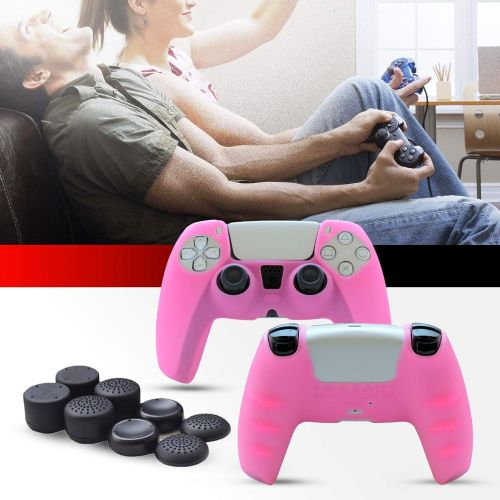  [아마존베스트]Cover for PS5 Controller Grips,Pandaren PS5 Controller Skin for Sony Playstation 5 Sweat-Proof Anti-Slip Silicone Cover Hand Grip with 8pcs FPS Pro Thumbsticks Cap(Pink)