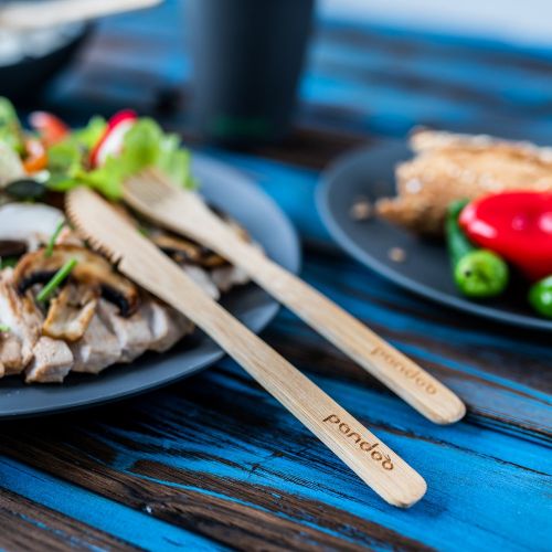  Pandoo: 100% Natural Bamboo KnifeReusable & Environmentally Friendly Cutlery Set of 5High Quality, lightweight & Durable100% Biodegradable