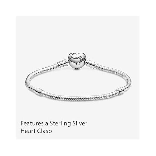  Pandora Moments Family Tree Heart Clasp Snake Chain Bracelet - Compatible Moments Charms - Sterling Silver, CZ & Black Enamel Charm Bracelet - With Gift Box