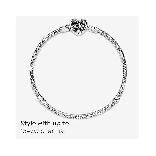  Pandora Moments Family Tree Heart Clasp Snake Chain Bracelet - Compatible Moments Charms - Sterling Silver, CZ & Black Enamel Charm Bracelet - With Gift Box