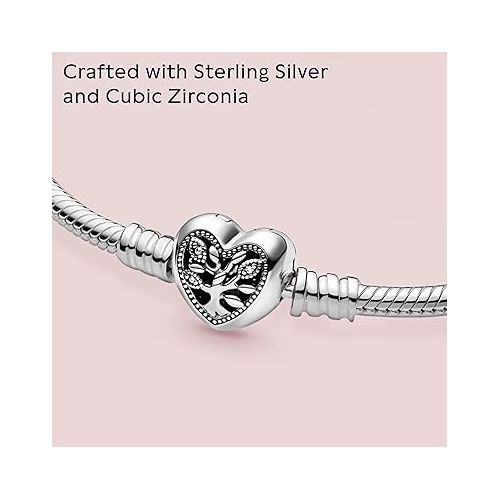  Pandora Moments Family Tree Heart Clasp Snake Chain Bracelet - Compatible Moments Charms - Sterling Silver, CZ & Black Enamel Charm Bracelet - With Gift Box