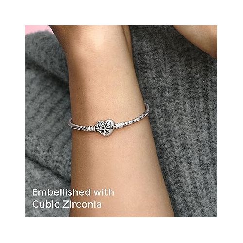  Pandora Moments Family Tree Heart Clasp Snake Chain Bracelet - Compatible Moments Charms - Sterling Silver, CZ & Black Enamel Charm Bracelet - With Gift Box