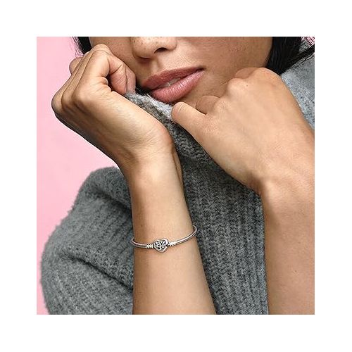  Pandora Moments Family Tree Heart Clasp Snake Chain Bracelet - Compatible Moments Charms - Sterling Silver, CZ & Black Enamel Charm Bracelet - With Gift Box