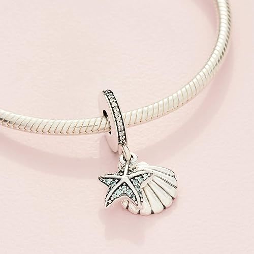  Pandora Jewelry Starfish and Sea Shell Dangle Cubic Zirconia Charm in Sterling Silver, No Box