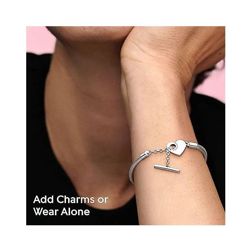  Pandora Moments Heart T-Bar Closure Snake Chain Bracelet - Charm Bracelet for Women - Compatible Moments Charms - With Gift Box