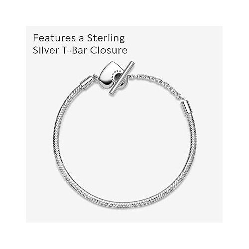  Pandora Moments Heart T-Bar Closure Snake Chain Bracelet - Charm Bracelet for Women - Compatible Moments Charms - With Gift Box