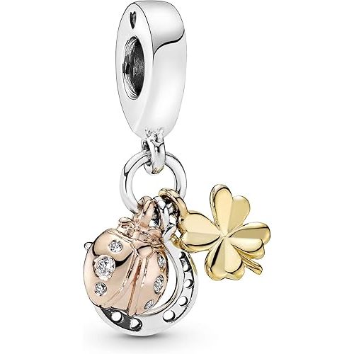  Pandora Jewelry Horseshoe, Clover and Ladybird Dangle Cubic Zirconia Charm in Sterling Silver, 18CT Gold and 14K Rose Gold, With Gift Box