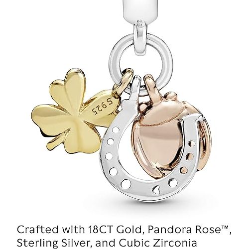  Pandora Jewelry Horseshoe, Clover and Ladybird Dangle Cubic Zirconia Charm in Sterling Silver, 18CT Gold and 14K Rose Gold, With Gift Box