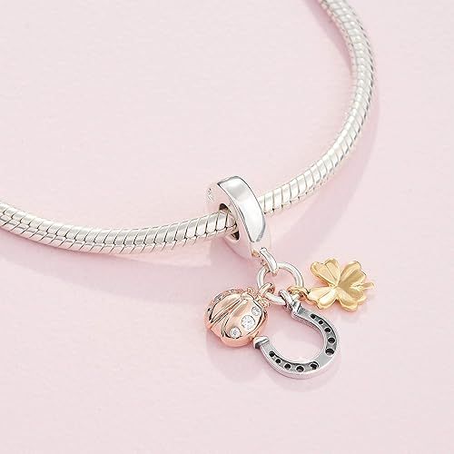  Pandora Jewelry Horseshoe, Clover and Ladybird Dangle Cubic Zirconia Charm in Sterling Silver, 18CT Gold and 14K Rose Gold, With Gift Box