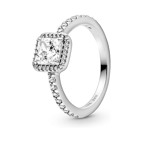  Pandora Square Sparkle Halo Ring - Ring for Women - Layering or Stackable Ring - With Cubic Zirconia - With Gift Box