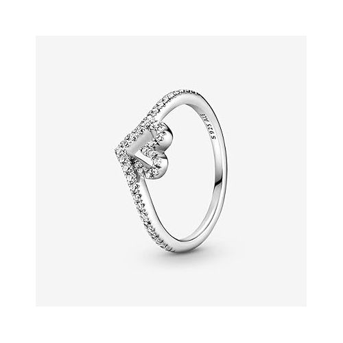  Pandora Sparkling Wishbone Heart Ring - Stackable Ring for Women - Clear Cubic Zirconia - With Gift Box