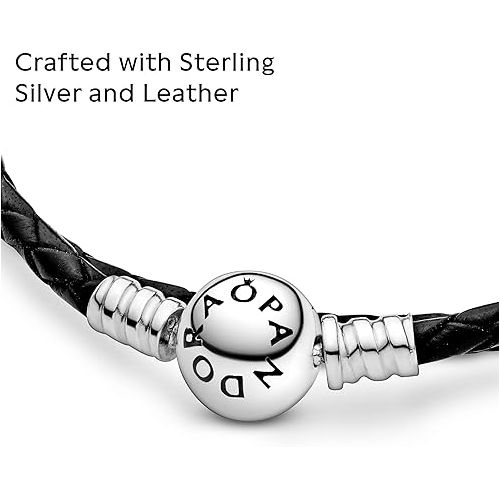  Pandora Moments Double Woven Leather Bracelet with Sterling Silver Clasp - Compatible Moments Charms - Charm Bracelet for Women - Gift for Her - With Gift Box