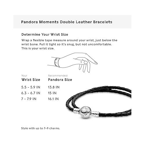  Pandora Moments Double Woven Leather Bracelet with Sterling Silver Clasp - Compatible Moments Charms - Charm Bracelet for Women - Gift for Her - With Gift Box