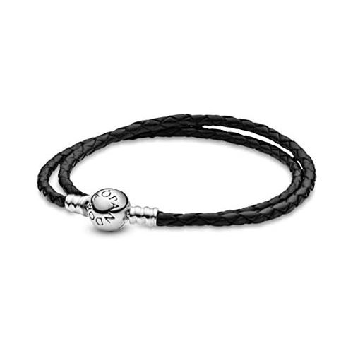  Pandora Moments Armband, schwarzes Leder, zweifach gewickelt, Sterling Silber 590745CBK-D2