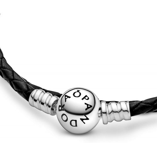  Pandora Moments Armband, schwarzes Leder, zweifach gewickelt, Sterling Silber 590745CBK-D2