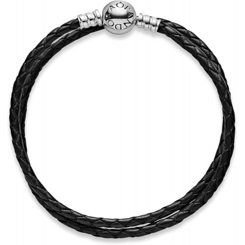  Pandora Moments Armband, schwarzes Leder, zweifach gewickelt, Sterling Silber 590745CBK-D2