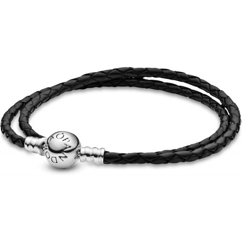  Pandora Moments Armband, schwarzes Leder, zweifach gewickelt, Sterling Silber 590745CBK-D2