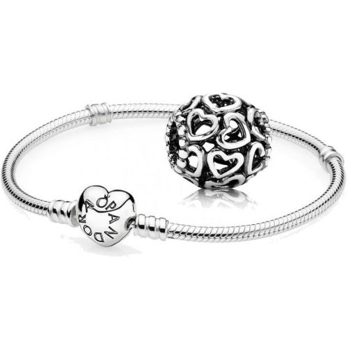  Pandora Original Gift Set - 1 Silver Bracelet 590719-18 with Heart Clasp and 1 Silver Element 790964 Heart strudel