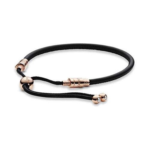  Pandora Rose Moments Sliding Leather Bracelet, Black, 588059CBK, Gold Plated