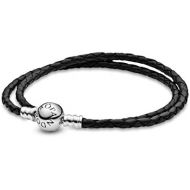 Pandora Moments Black Leather Double Wrap Bracelet Sterling Silver 590745CBK-D2, Silver, Black