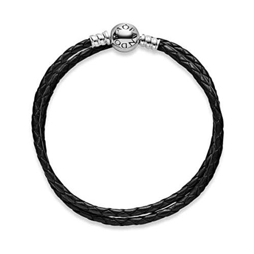  Pandora Moments Black Leather Double Wrap Bracelet Sterling Silver 590745CBK-D2, Silver, Black