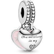 Pandora Mother & Daughter Hearts Silver & Pink Dangle Charm 792072En40