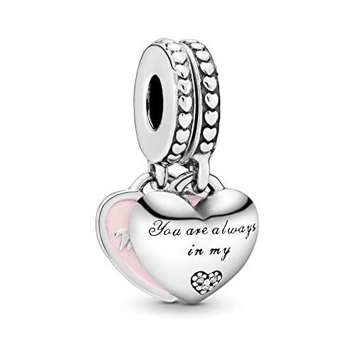  Pandora Mother & Daughter Hearts Silver & Pink Dangle Charm 792072En40