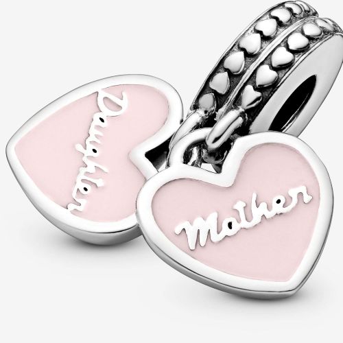  Pandora Mother & Daughter Hearts Silver & Pink Dangle Charm 792072En40