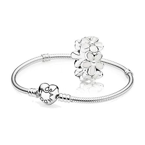  Original Pandora Gift Set - 1 Silver Bracelet with Heart Clasp 590719 and 1 Silver Intermediate Element Lovely Daisy 791495EN12