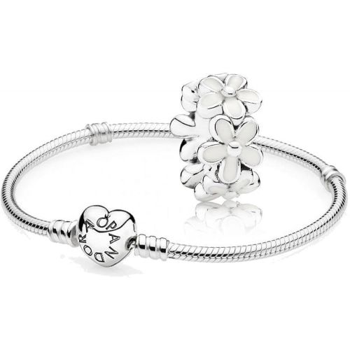  Original Pandora Gift Set - 1 Silver Bracelet with Heart Clasp 590719 and 1 Silver Intermediate Element Lovely Daisy 791495EN12