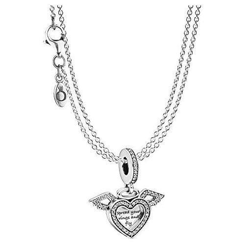  Pandora 75614 Pendant Heart with Angel Wings and 2 Row Necklace Silver 925