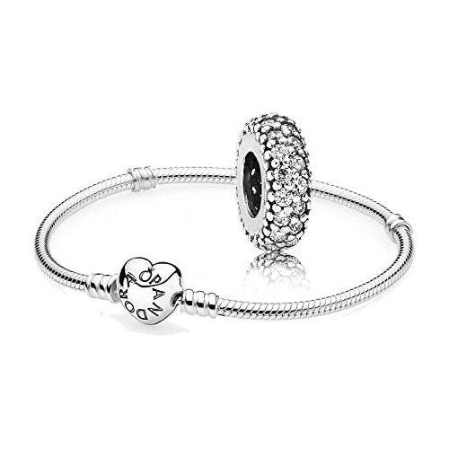  Original Pandora Gift Set, 1 Silver Bracelet with Heart Clasp 590719 and 1 Silver Element Inspiration 791359CZ, Silver