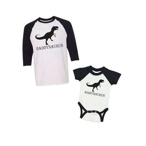  PandoraTees Matching Father & Baby Set -DaddysaurusBabysaurus - Raglan Bodysuit & Adult Raglan T-Shirt